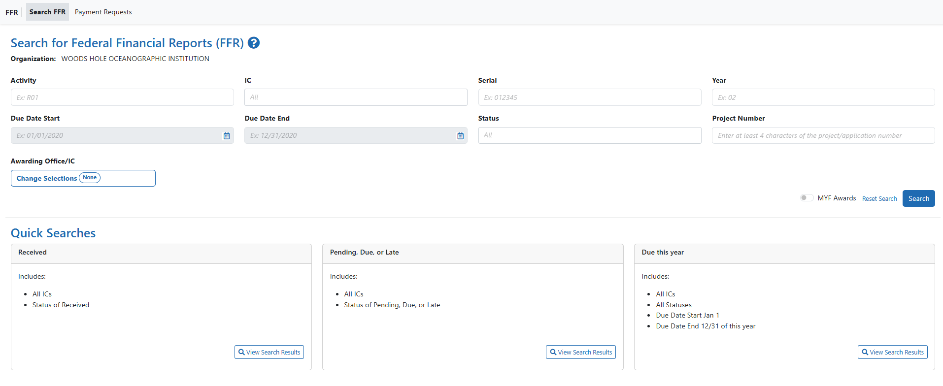 Search for Federal Financial Report (FFR) Screen